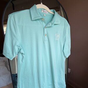 Peter Millar Summer Comfort Golf Polo Palm Logo Aqua Blue Performance Shirt Smal